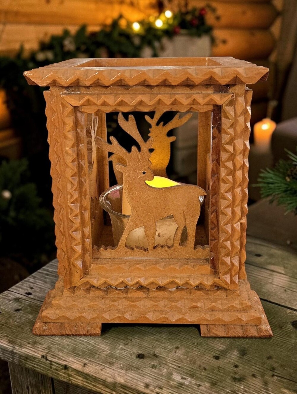 Vintage Tramp Art Style Wood Votive Candle Lantern, Rustic Woodland Shadowbox